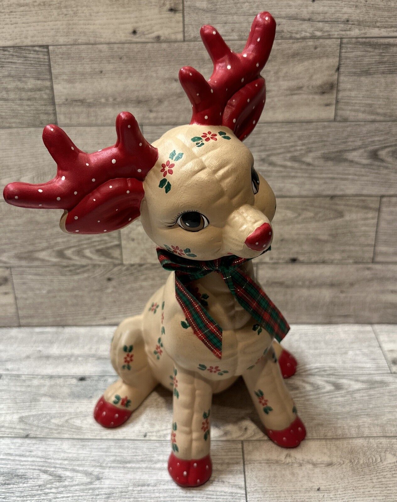 KIMPLE Ceramic Reindeer Quilted Hand Painted Kimple Christmas 6x10” Vintage C