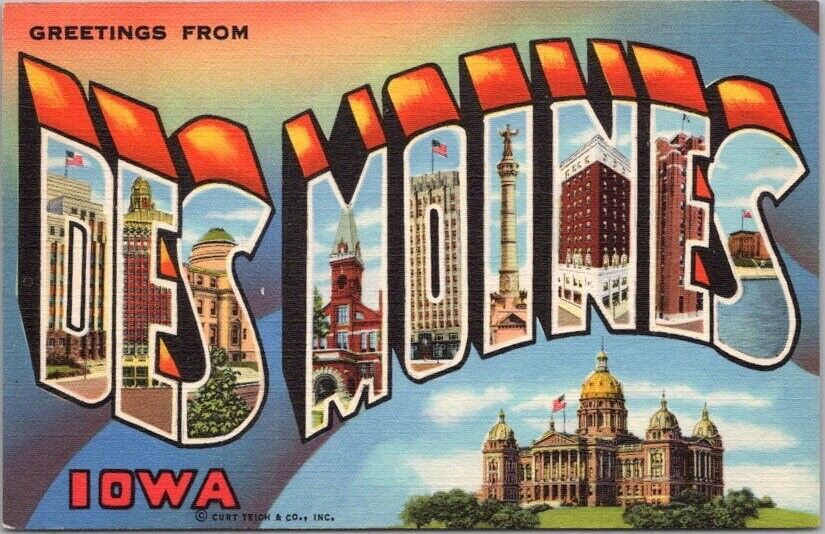 Vintage 1944 DES MOINES, Iowa Large Letter Postcard State Capitol Curteich Linen