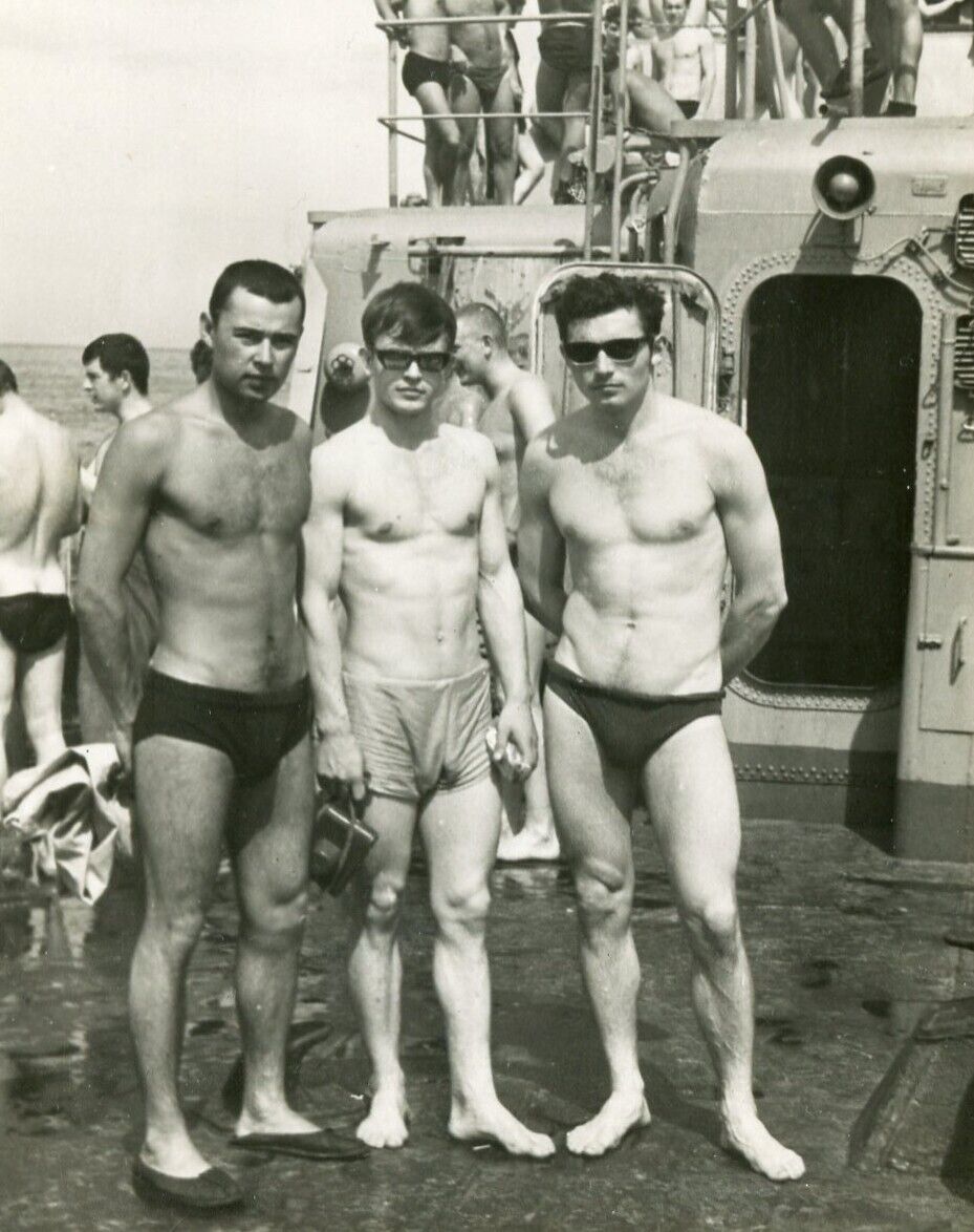 Shirtless Handsome young men NAVY sailor bulge beach trunks gay vtg photo