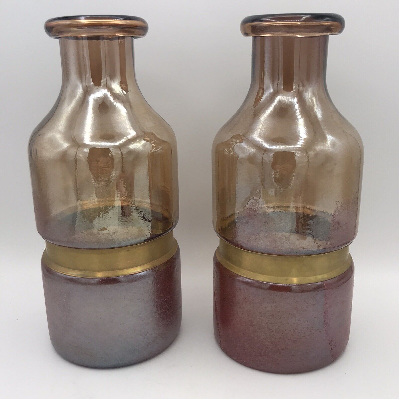 Anthropologie Pink Art Glass Metal Cinch Vases 2 Iridescent Hand Blown Red Brown