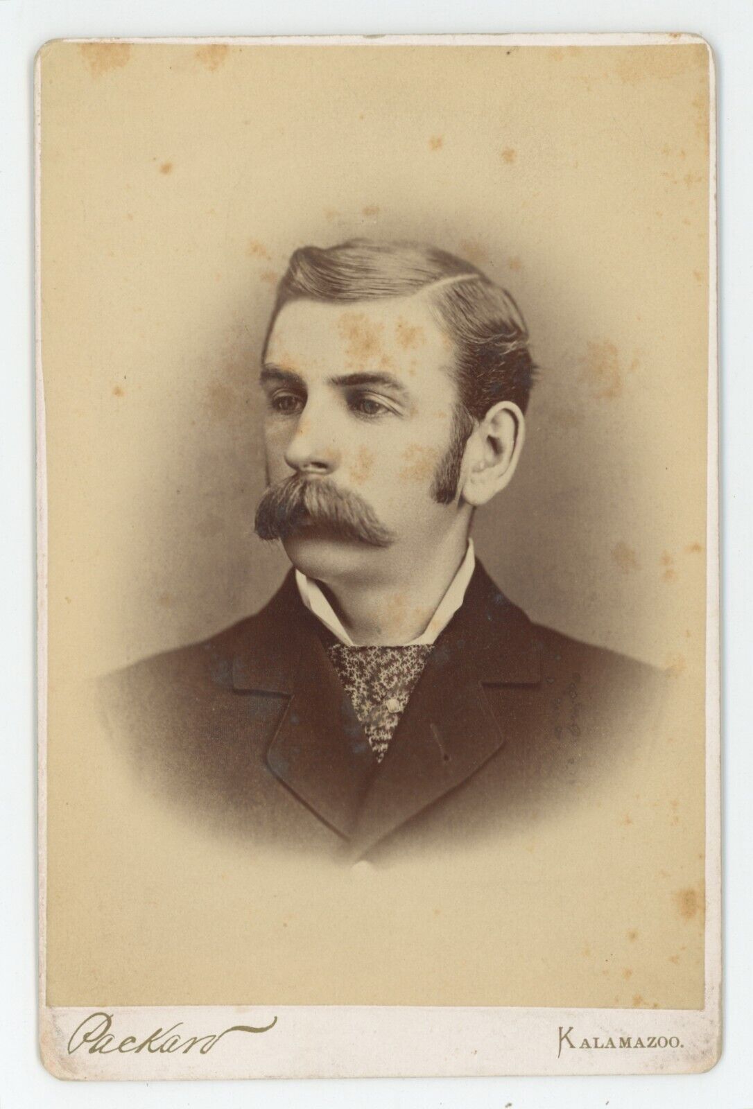 Antique c1880s Cabinet Card Handsome Dashing Man Fantastic Mustache Kalamazoo MI
