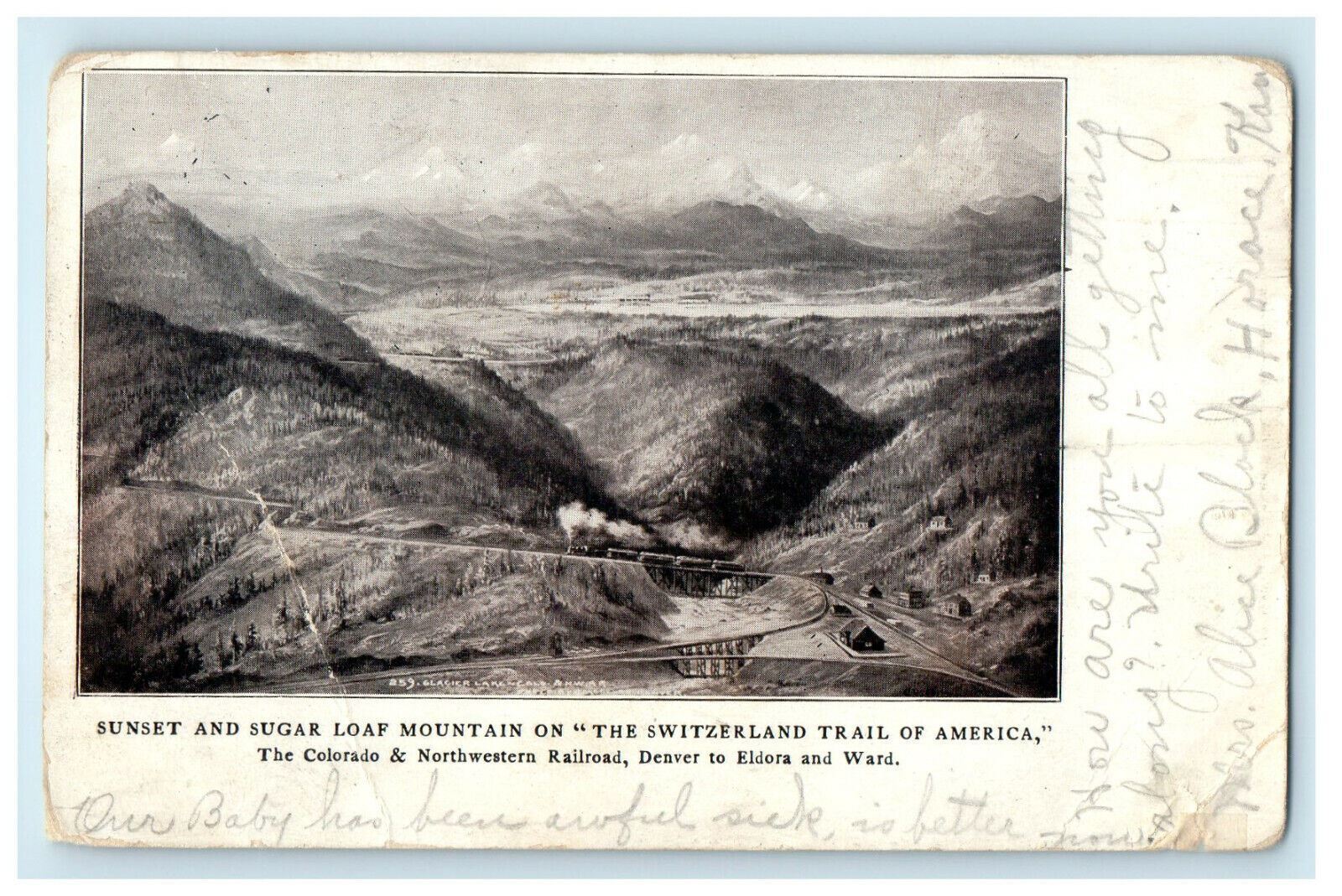 1908 Sunset and Sugar Loaf Mountain, Switzerland Trail, Colorado CO Postcard