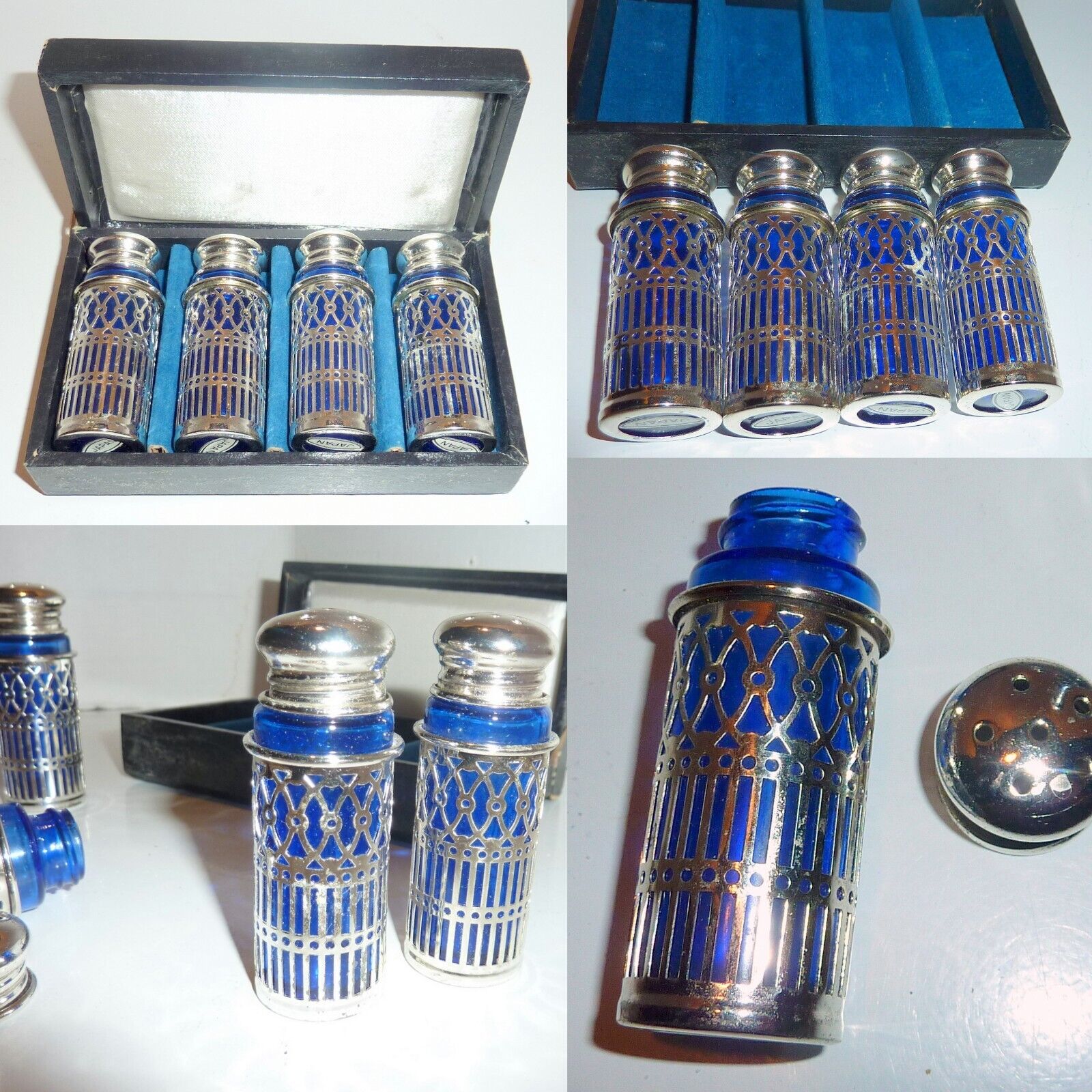 Vintage Cobalt Blue Silver Plate Encased Glass Salt & Pepper Shakers Box Set (4)