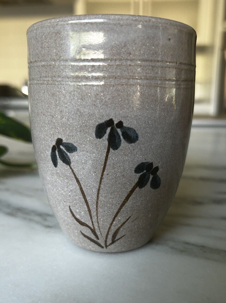 VTG Handmade Stoneware Vase Cup Painted Flowers - Jugtown - North Carolina USA