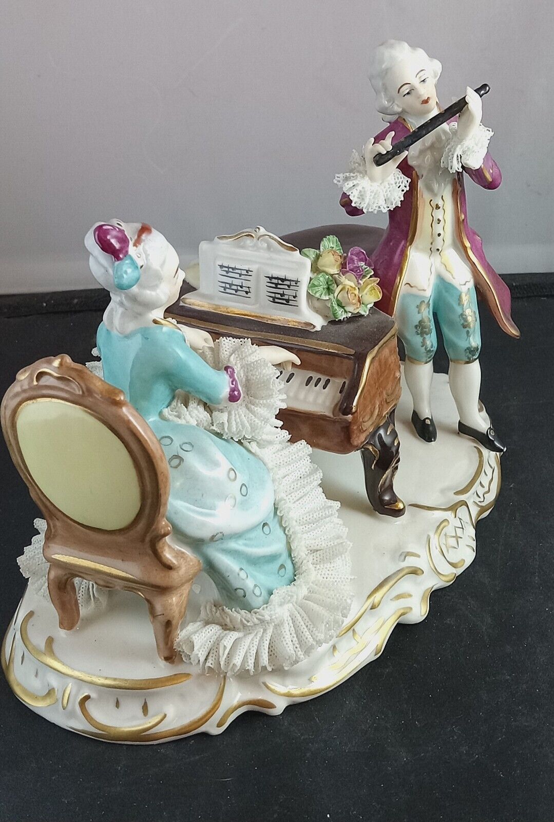 Vtg Dresden Porcelain Lace Victorian Figurine Musical Couple On Piano And Flute