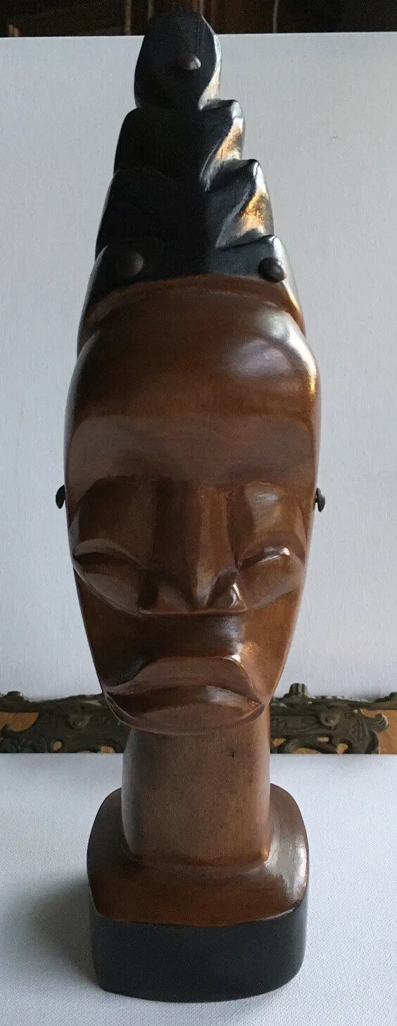 African Carved Fetish Figurine Sculpture Statue Wood Nails Elongated Neck Base