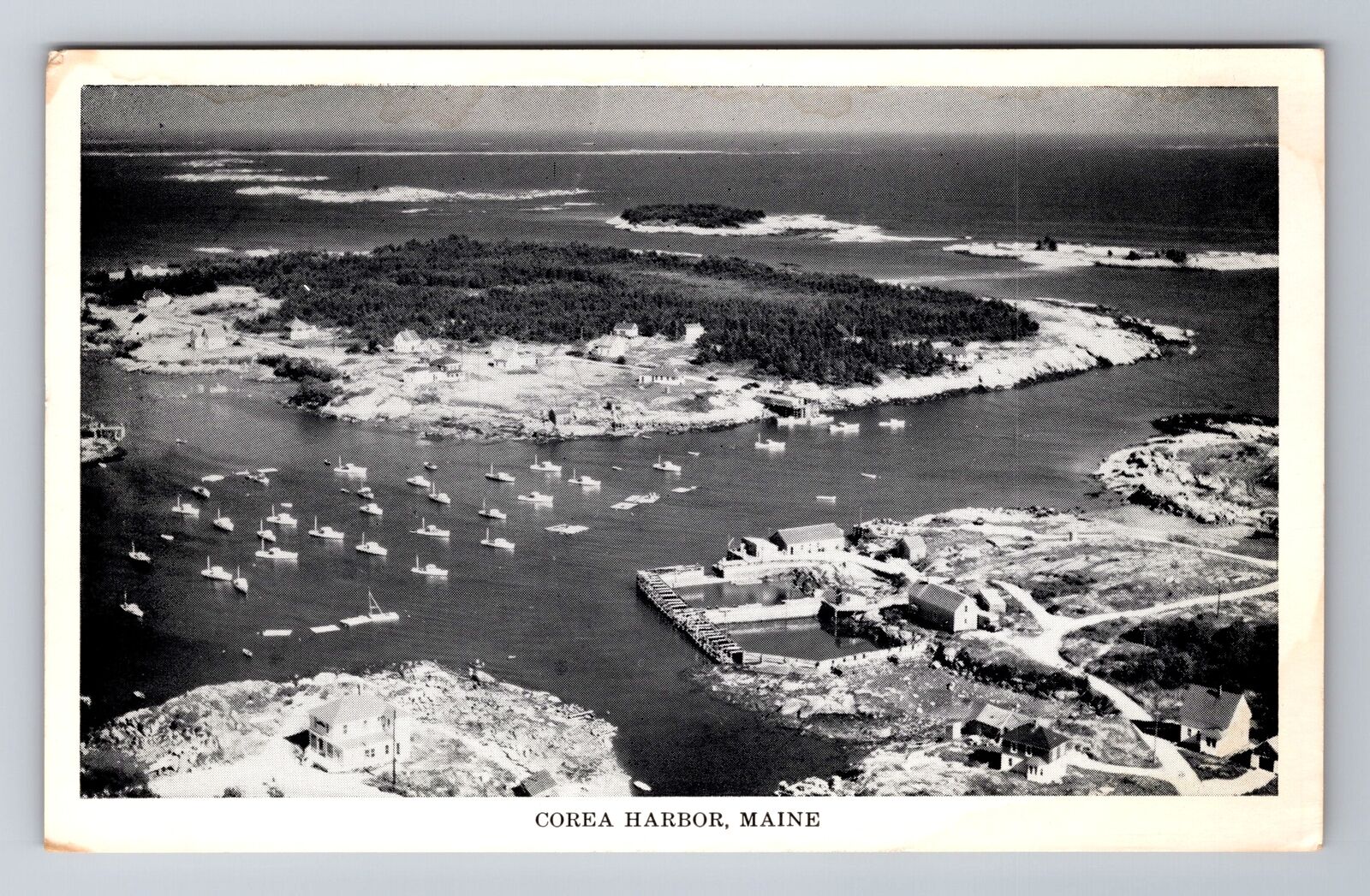 Corea Harbor ME-Maine, Aerial Moored Lobster Boats, Coastline, Vintage Postcard