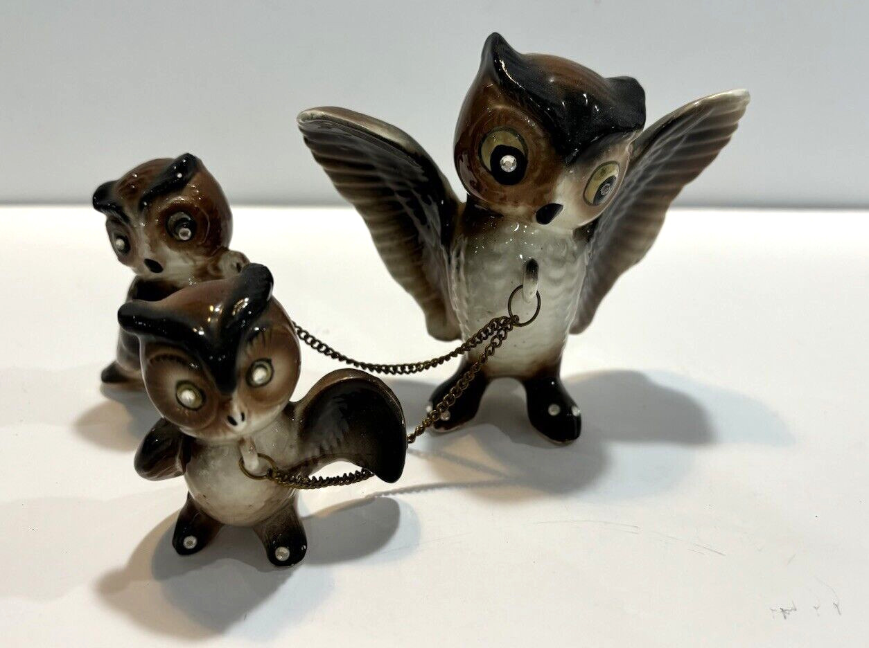 Vtg Kreiss Japan Porcelain Jeweled Owl Family Figurines Brown Bird Chained