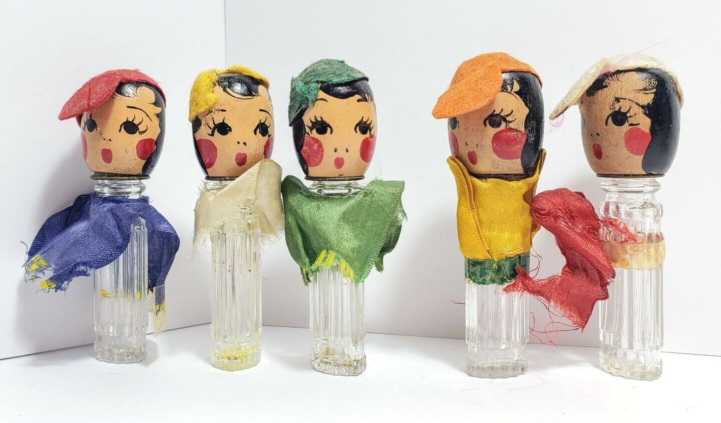 5 Vintage Bottles Dionne Figural Wood & Glass Perfume Wood Painted Lady Faces