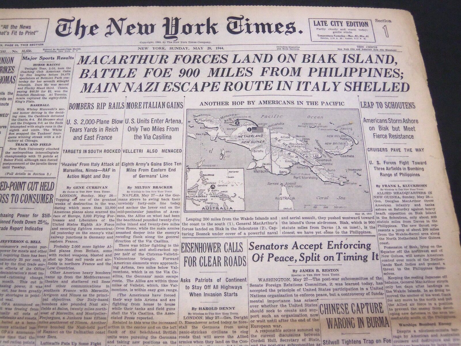 1944 MAY 28 NEW YORK TIMES - EISENHOWER CALLS FOR CLEAR ROADS - NT 4307