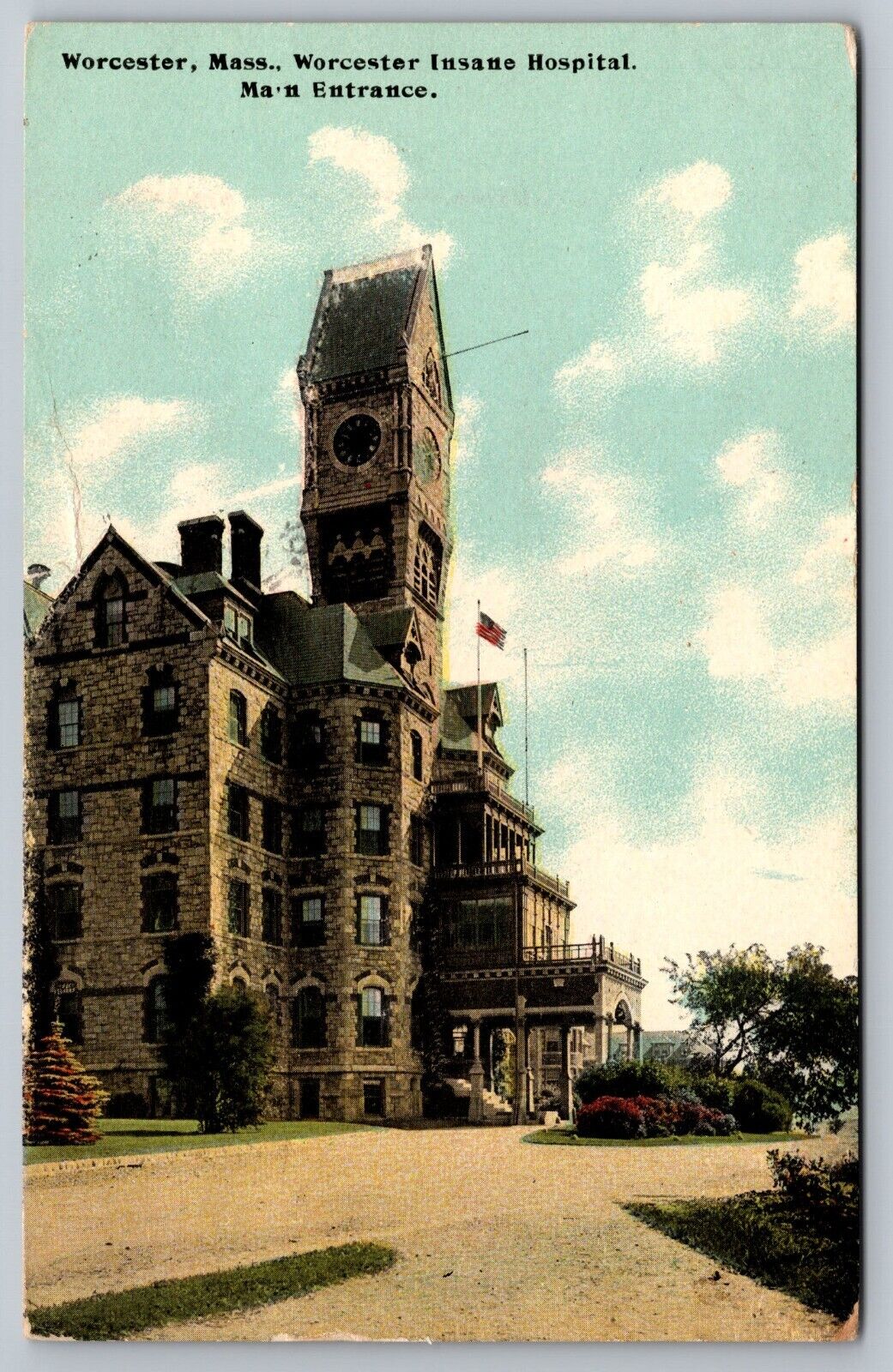 Postcard, D 41, Worcester Insane Hospital Main Entrance, Worcester, Mass c1910