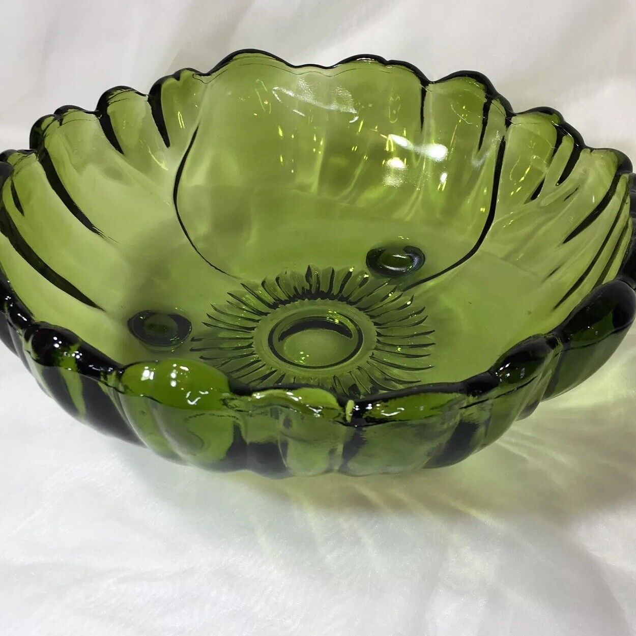 11” Vintage Footed Bowl, Indiana Glass Co., Olive Green, Collectible Decor❤️