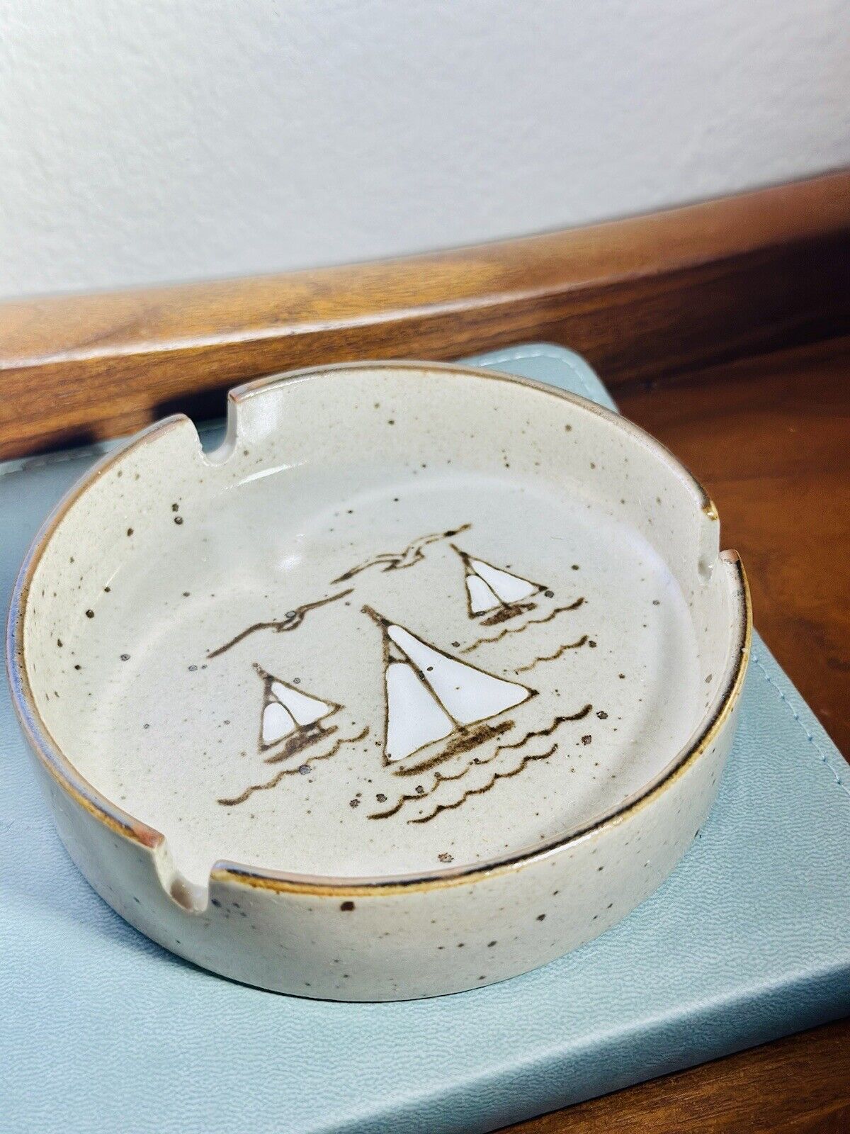 Vintage Otagiri Original Japan Ashtray Hand Crafted Ceramic Pottery Sailboats