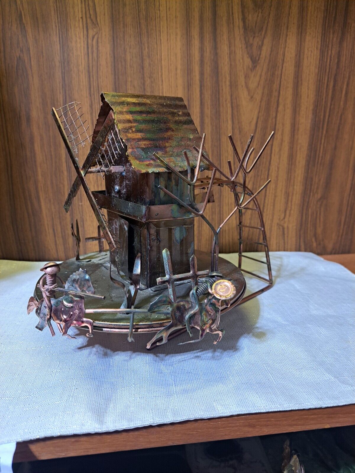 Vintage Copper Wind Mill With Soliders On Horses, Music Box, Working