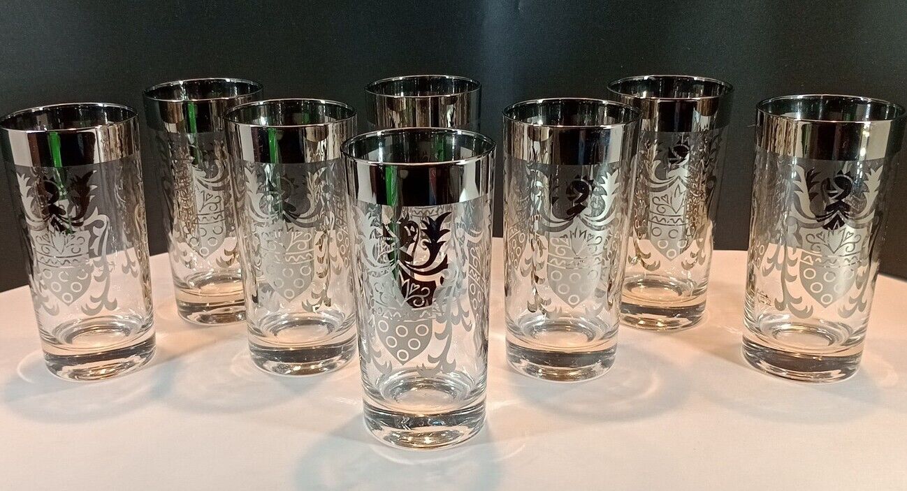 Eight vintage KIMIKO guardian silver night highball cocktail glasses
