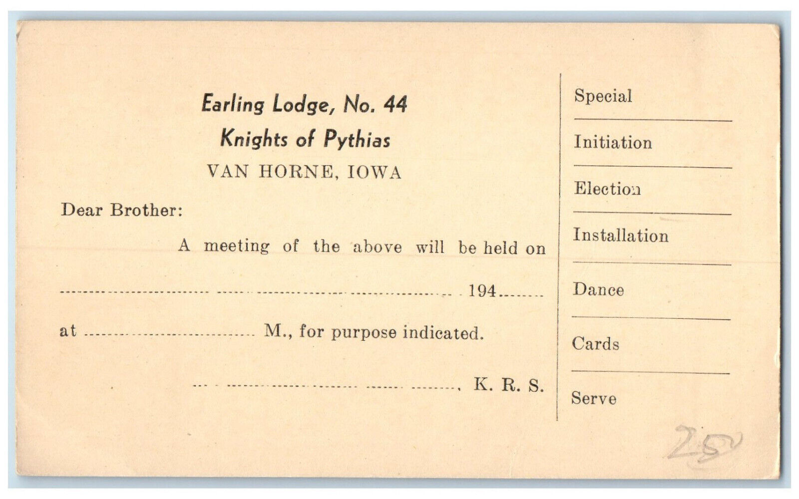 c1940's Earling Lodge No.44 Knights of Pythias Van Horne Iowa IA Postal Card