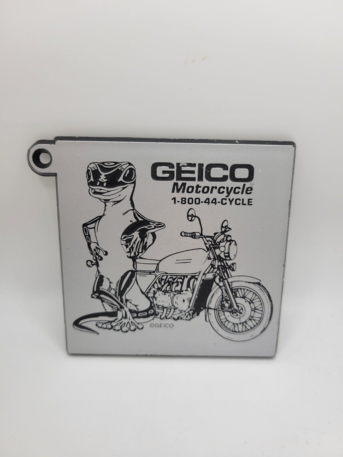GEICO GECKO MOTORCYCLE COASTERS  Silver Plastic Engraved 4 1/4 sq NEW
