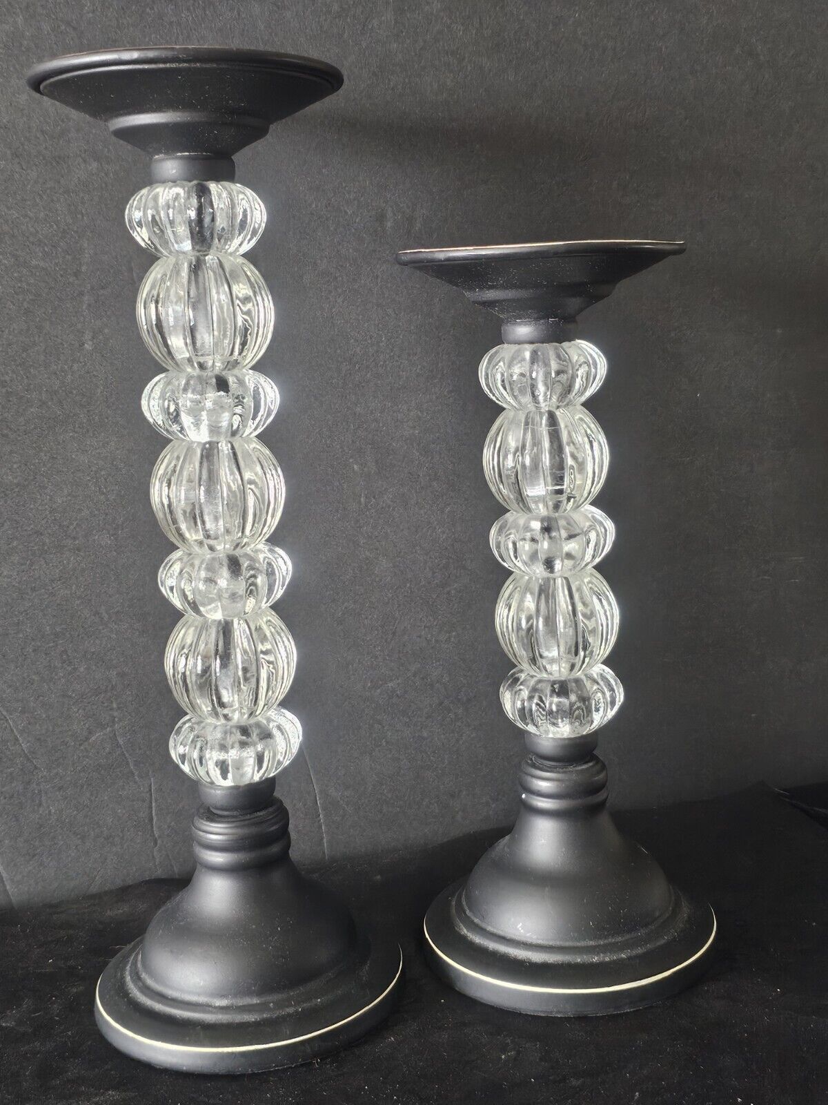 RETIRED PIER 1 Glass & Black Wood Candle Stick Holders Set of 2 MCM BEAUTIFUL