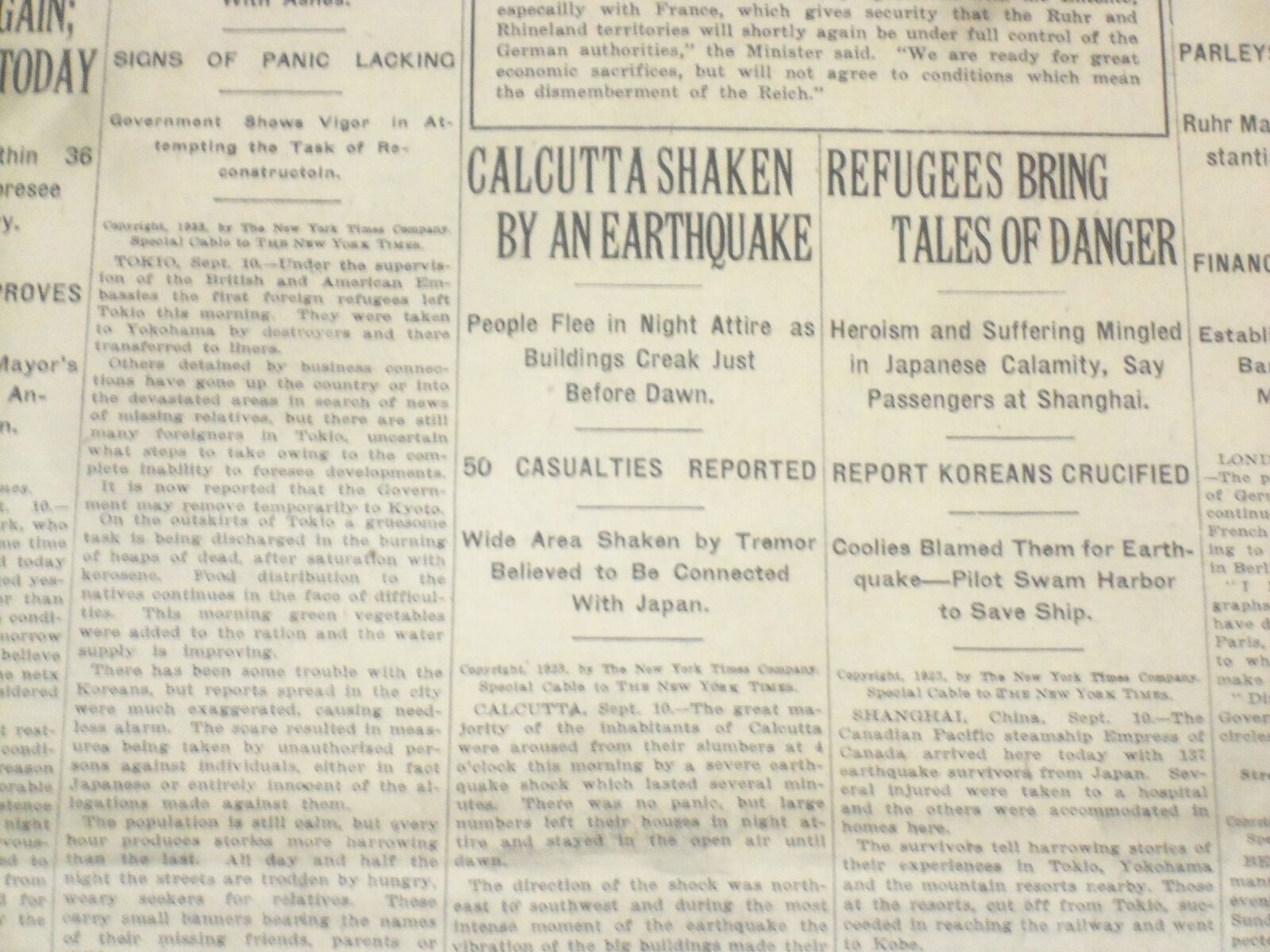 1923 SEP 11 NEW YORK TIMES - CALCUTTA SHAKEN BY EARTHQUAKE - NT 9355