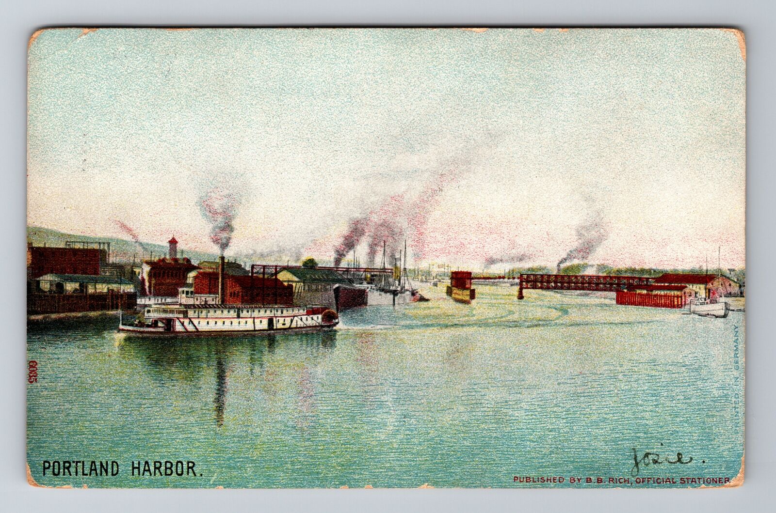 Portland OR-Oregon, Portland Harbor, Steamers, Sailboat Vintage Postcard