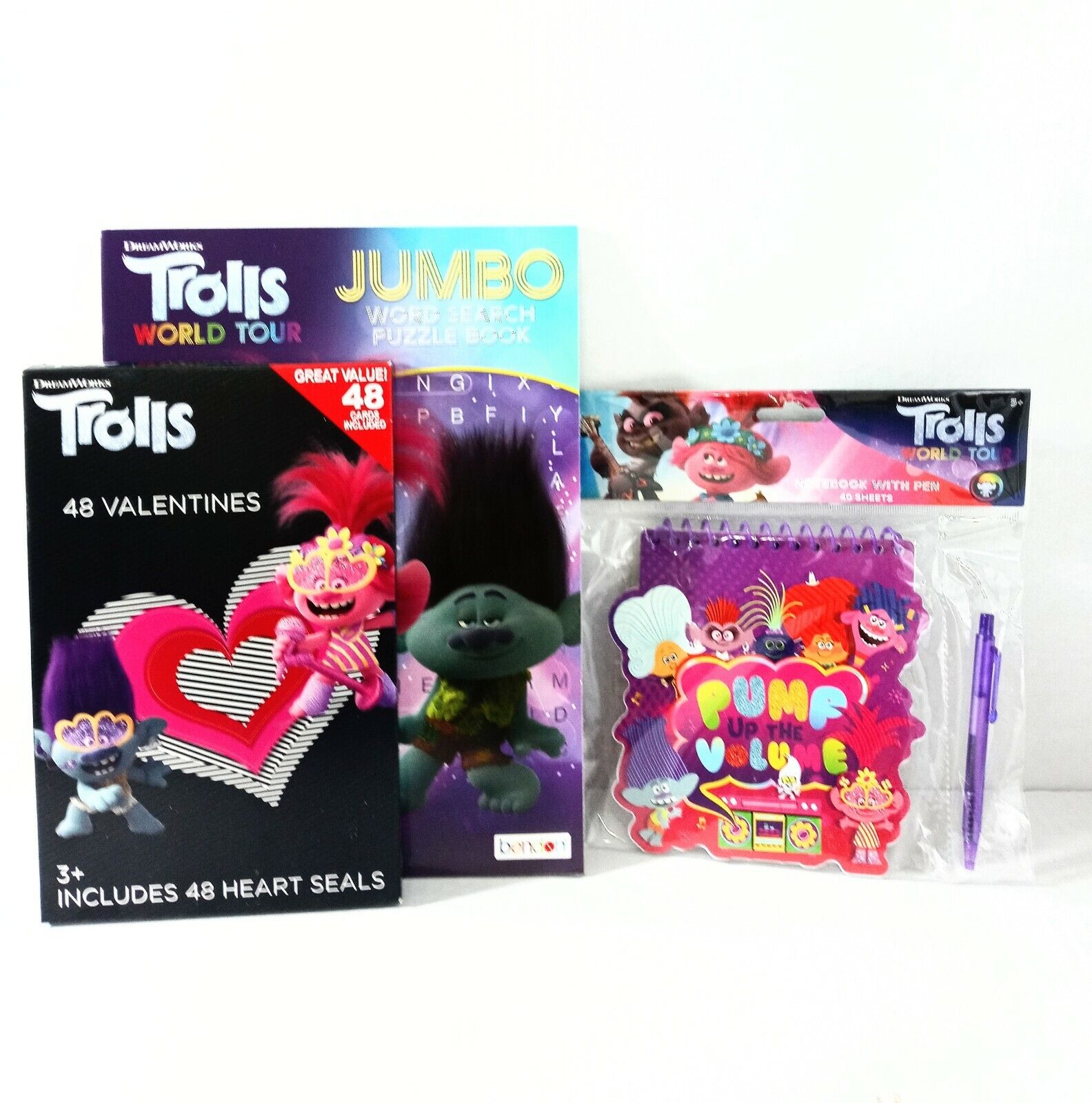Trolls Jumbo Puzzle Book/Notebook With Pen/48 Valentines Cards+ Heart Lot Of 3