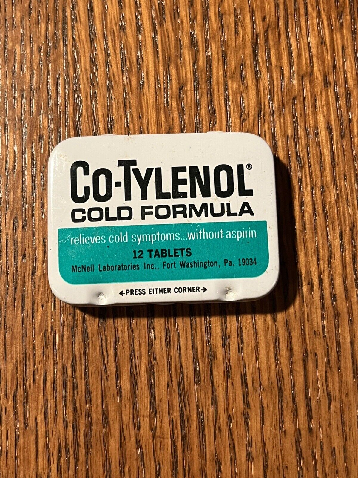 Co-Tylenol aspirin sized pocket tin circa 1971 vintage medicine tin (sample tin)