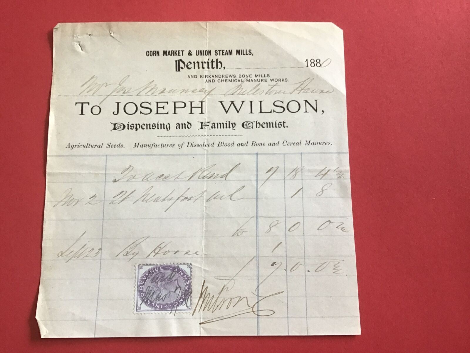 Joseph Wilson Dispensing Chemist 1880 receipt R33035