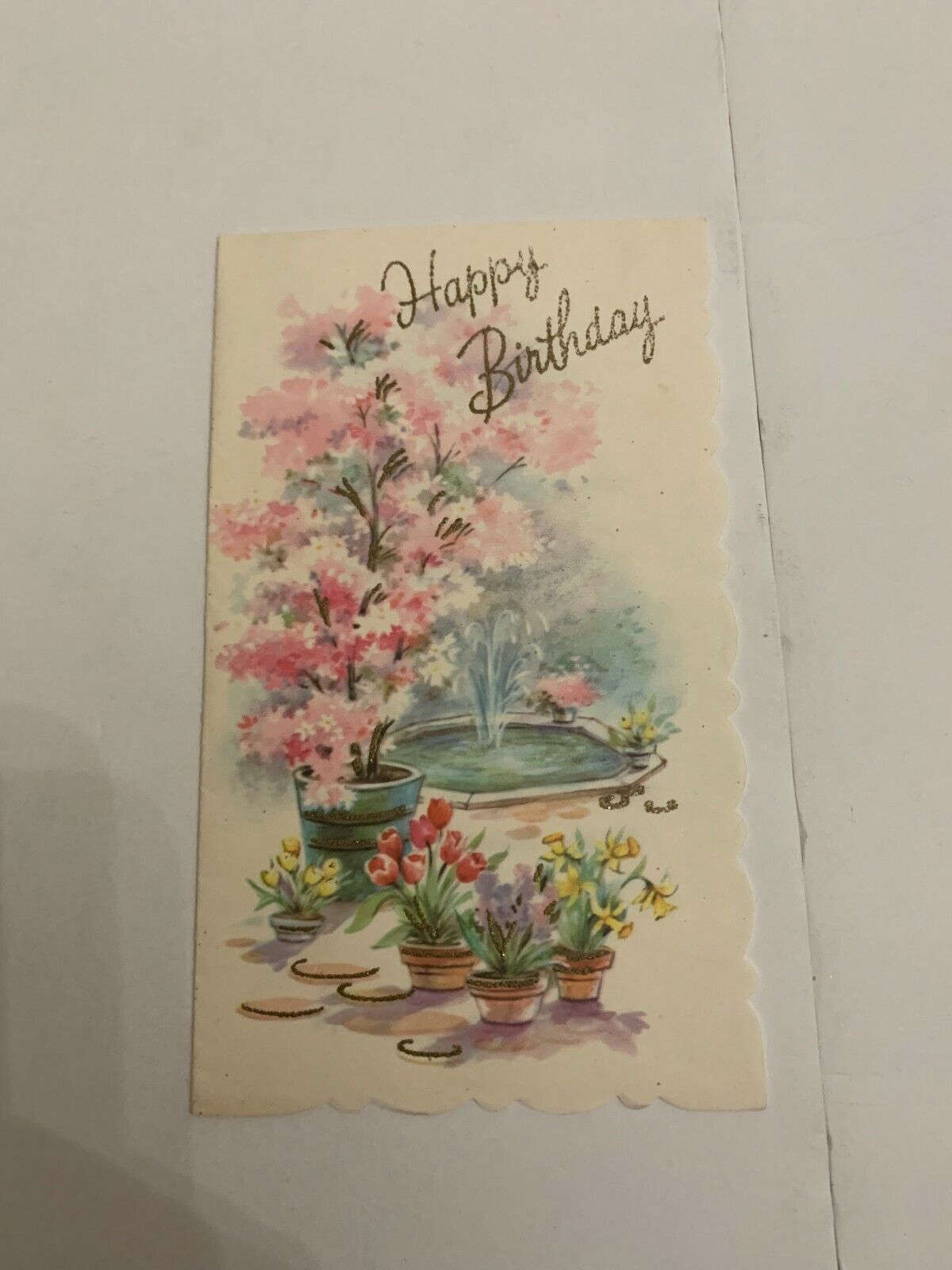 Vintage 1950\'s Happy Birthday Coronation Birthday Greeting Card Fountain Flowers