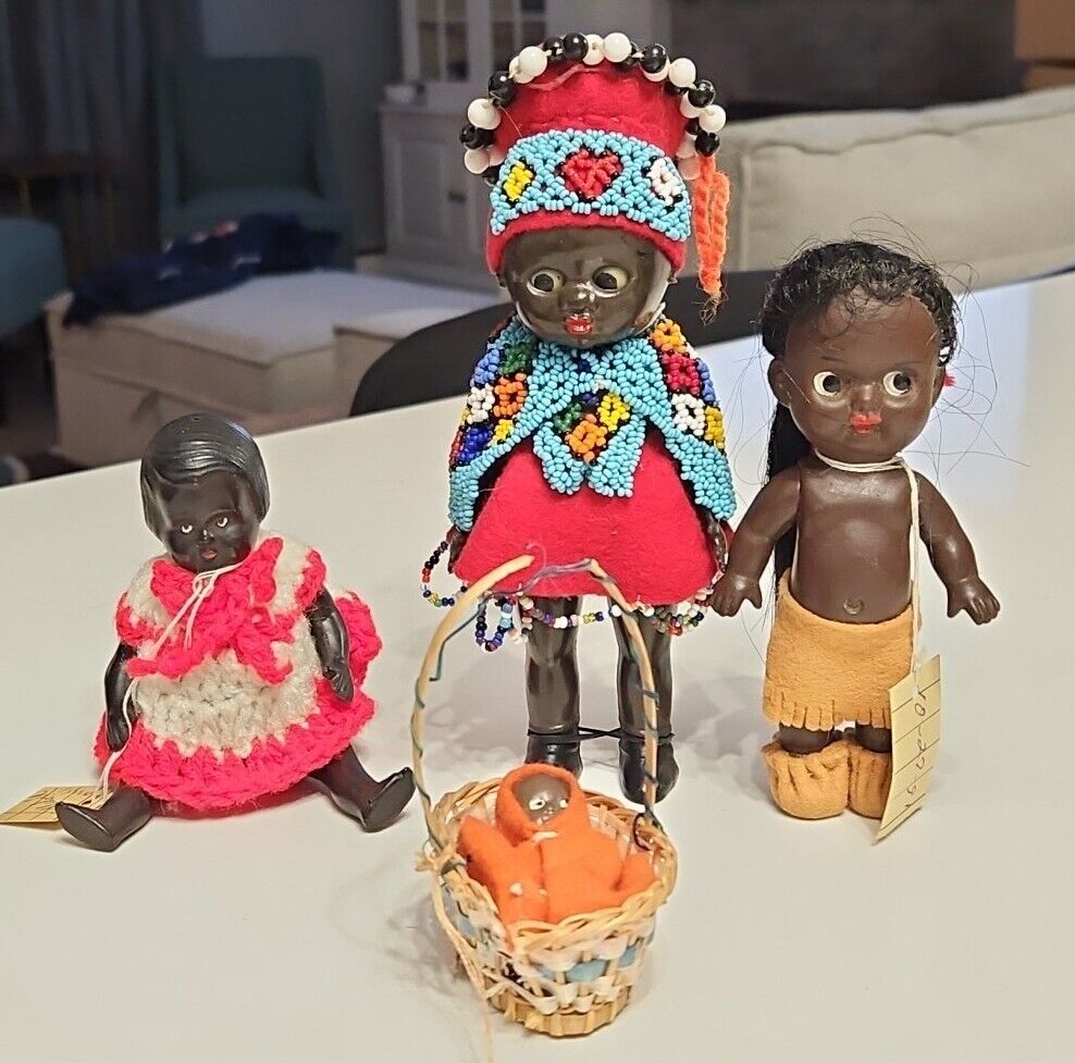 Rare Lot Of 4 Vintage African Black Dolls Hand Made Beaded Dress 1950's