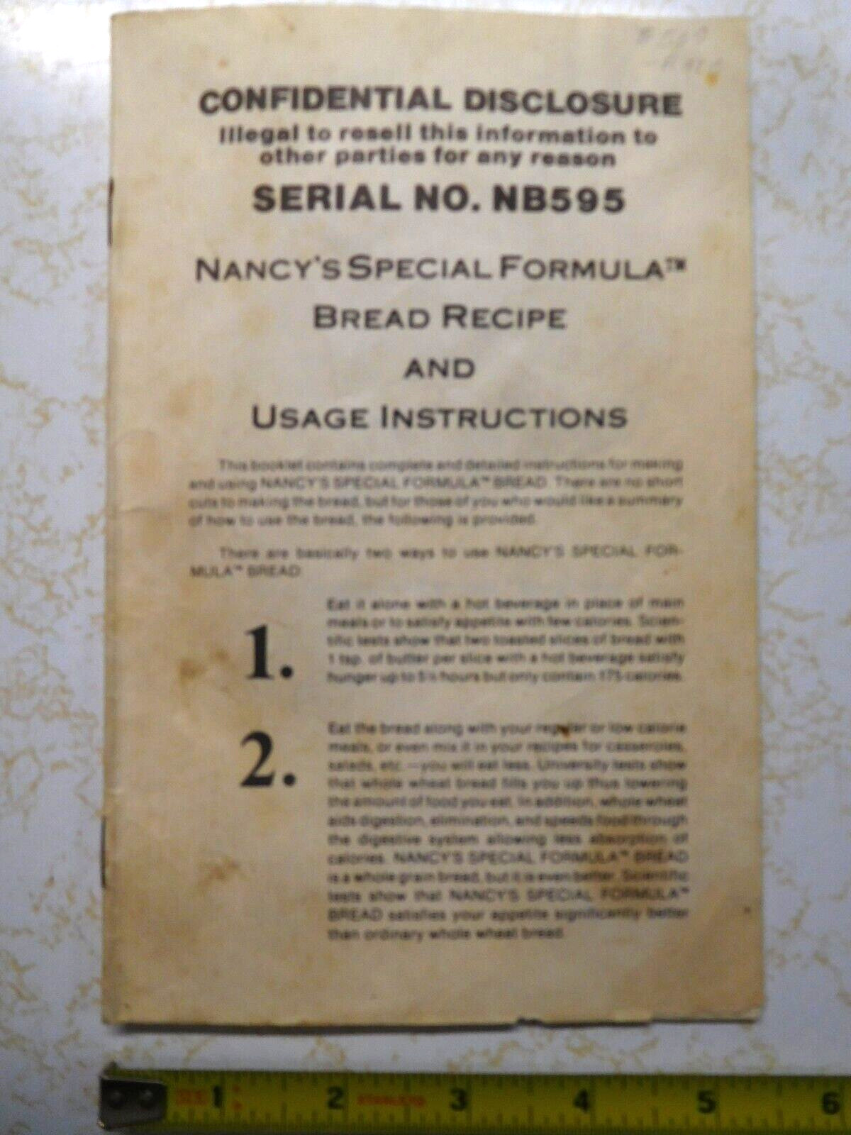 Rare Vintage Confidential Disclosure #NB595 Nancy's Special Formula Bread Recipe