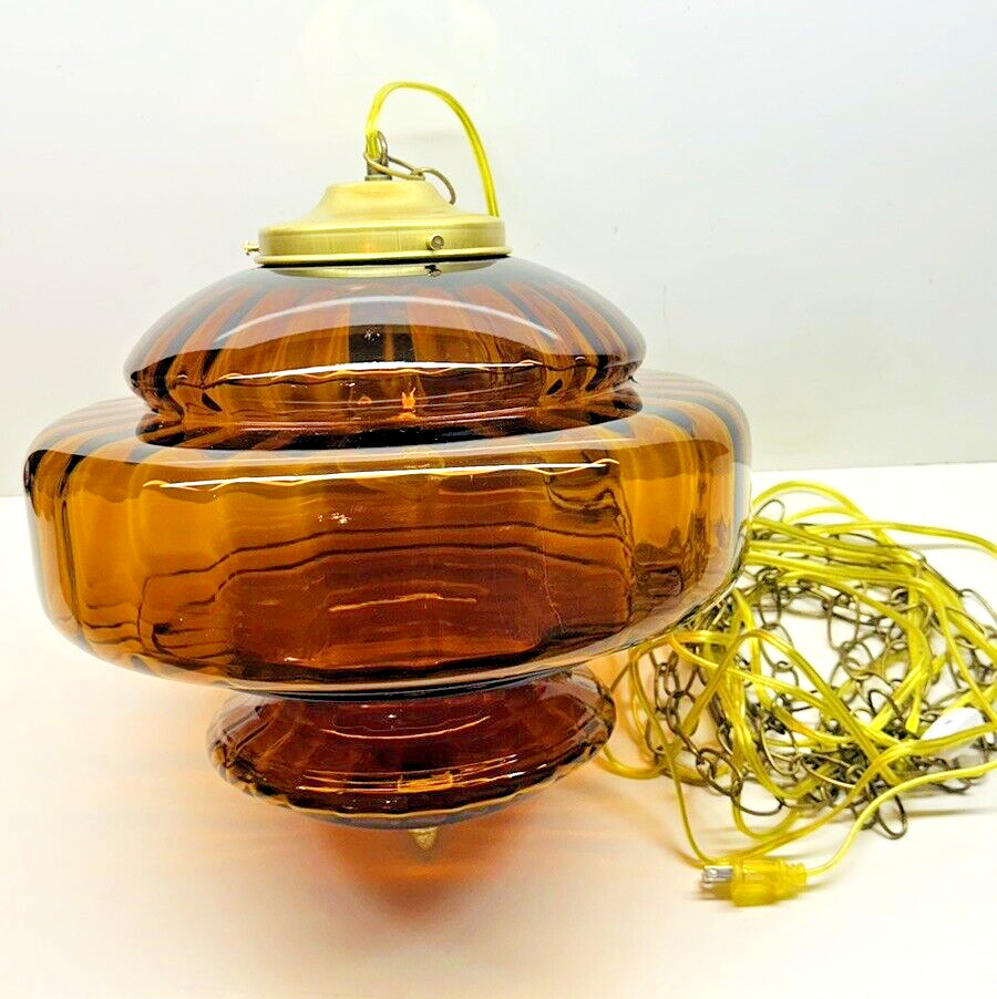 Vintage Hollywood Regency Dark Optic Amber Glass Hanging Swag Lamp