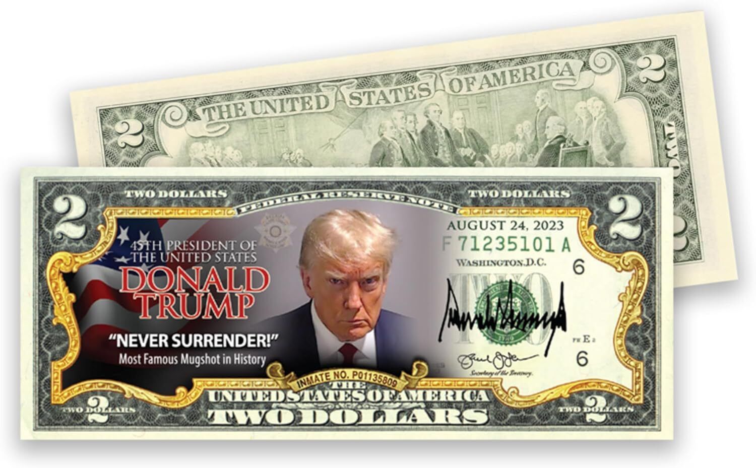 Trump Never Surrender Colorized Mugshot $2 Bill Uncirculated