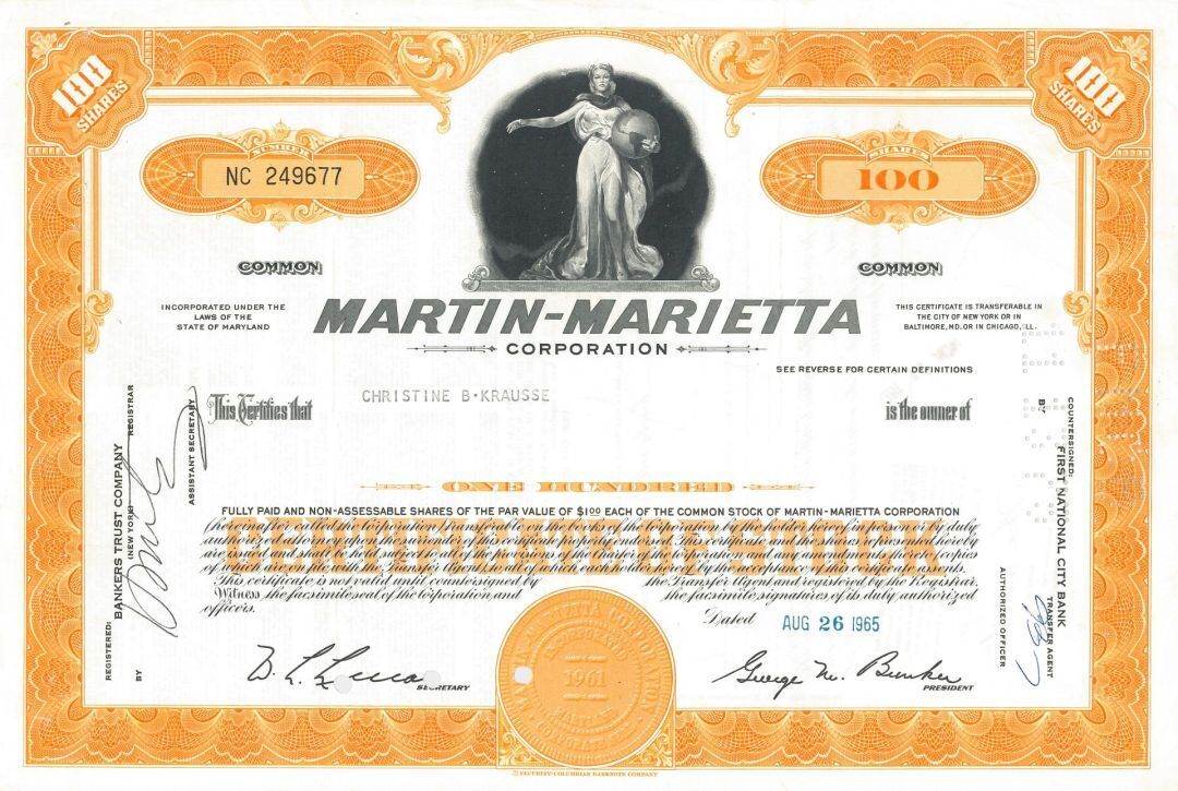 Martin Marietta Corporation - 1960\'s-70\'s dated Aviation Stock Certificate - Has