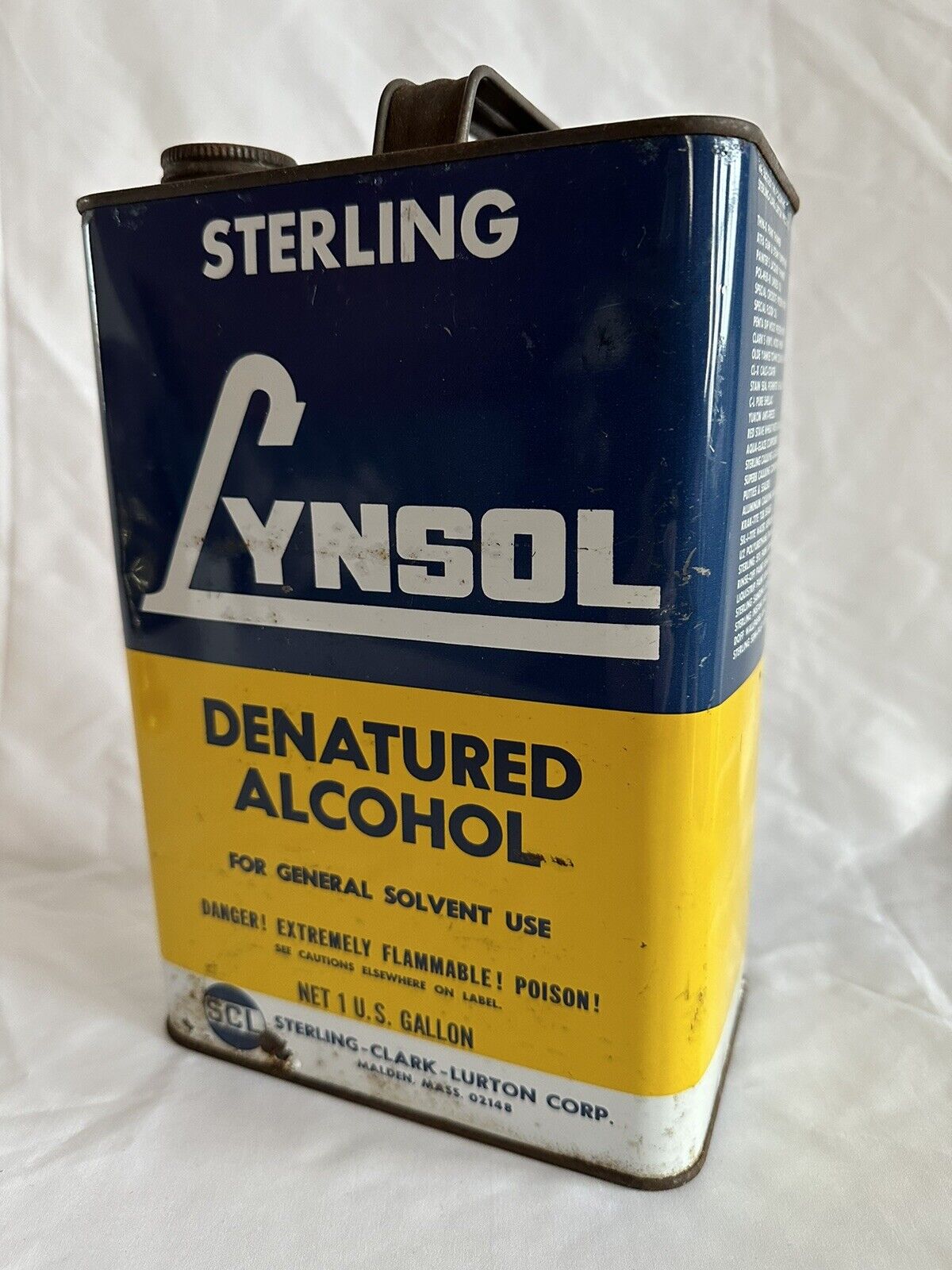 Vintage Sterling Lynsol Denatured Alcohol Empty Tin Can 1 Gallon with Cap EMPTY