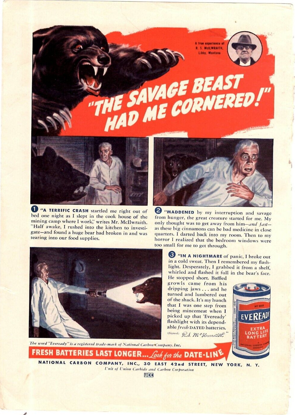 1942 Print Ad Eveready Battery The Savage Beast Had Me Cornered Bear Flashlight
