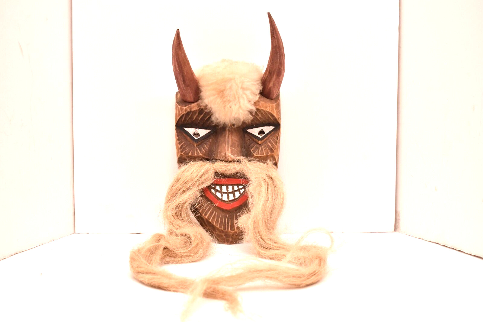 Romanian Traditional Dance Mask Vintage Moldovan Wood Carving Fur Horns Devil