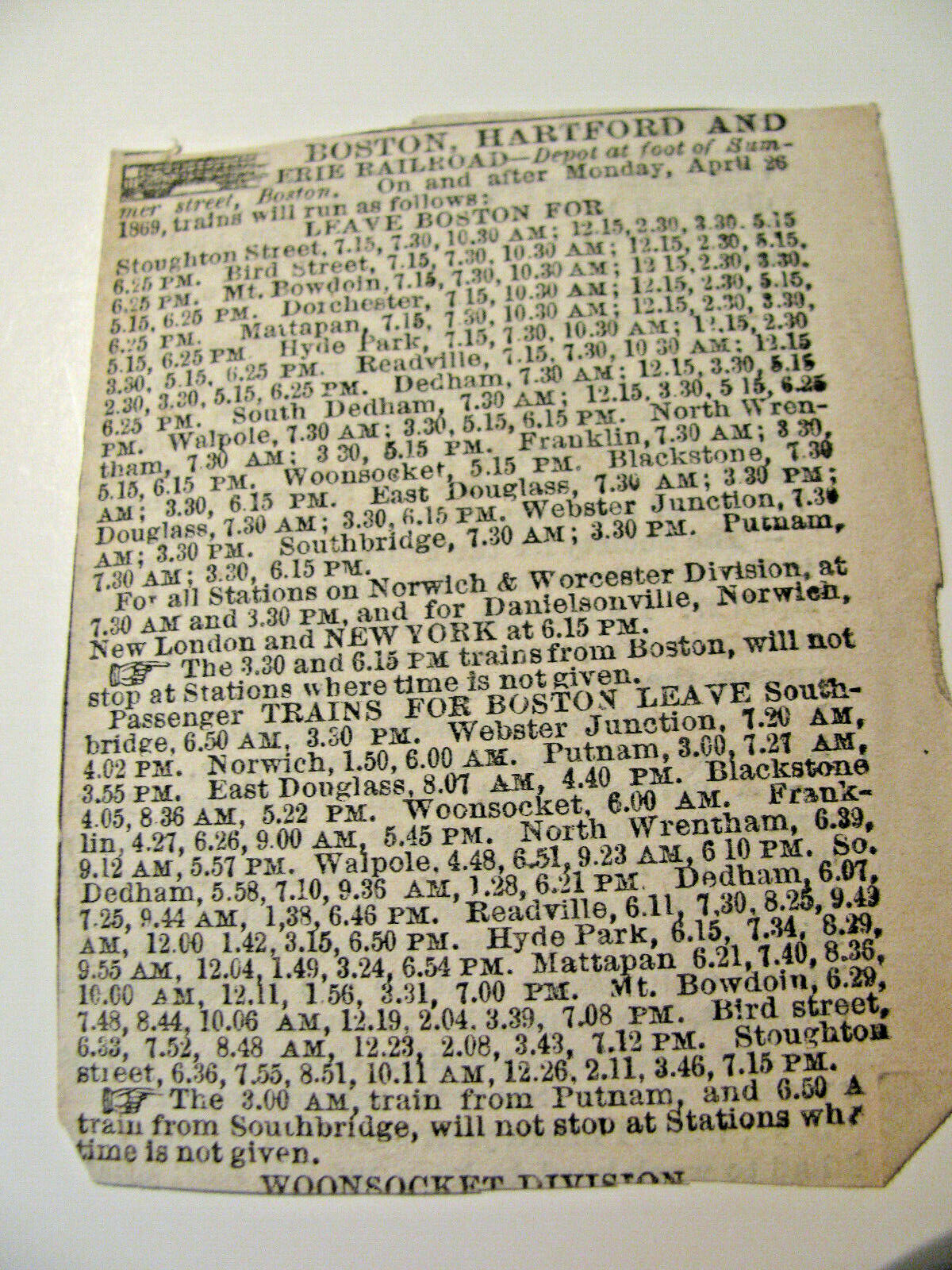 1869 Boston Hartford & Erie Railroad Newspaper Time Table, Boston. NYC