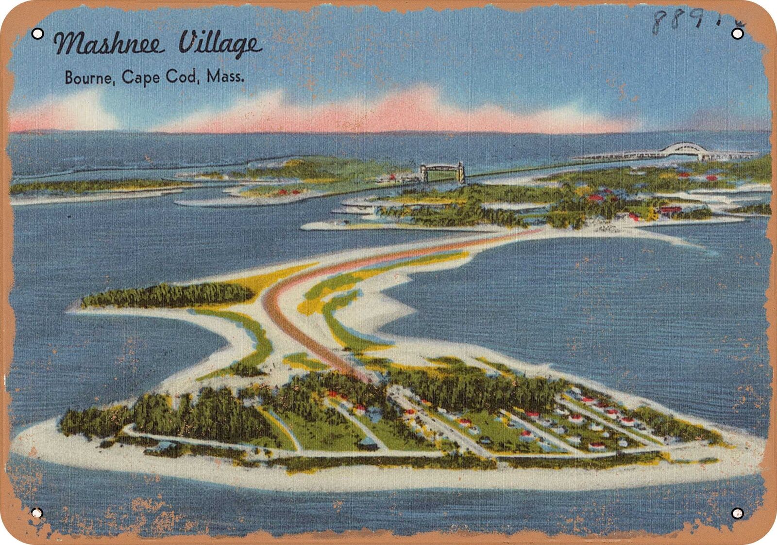 Metal Sign - Massachusetts Postcard - Mashnee Village, Bourne, Cape Cod, Mass.