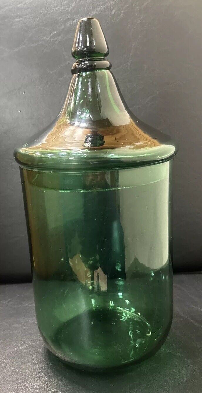 Vintage Emerald Green Glass Apothecary Jar Glass Lid 13”  tall. Possibly Empoli