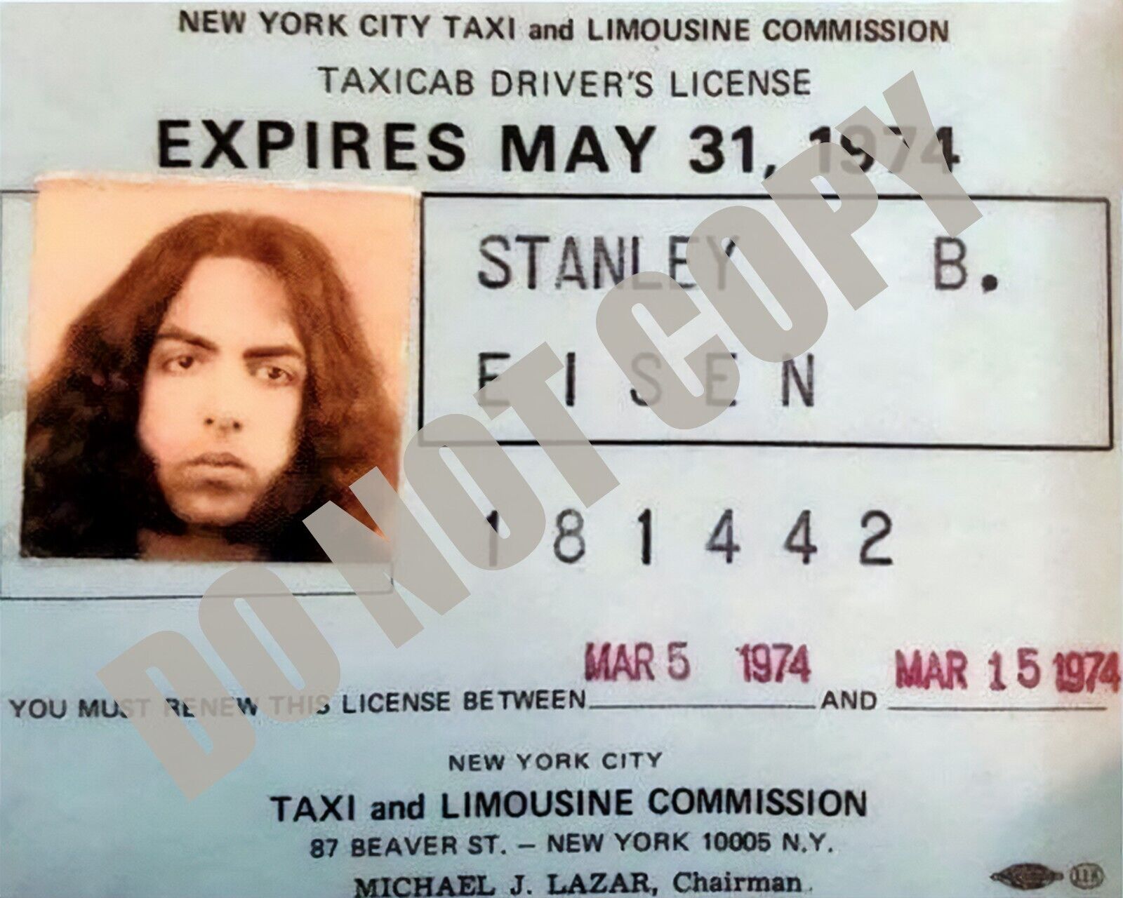 1974 KISS Paul Stanley New York Taxicab Drivers License 8x10 Photo