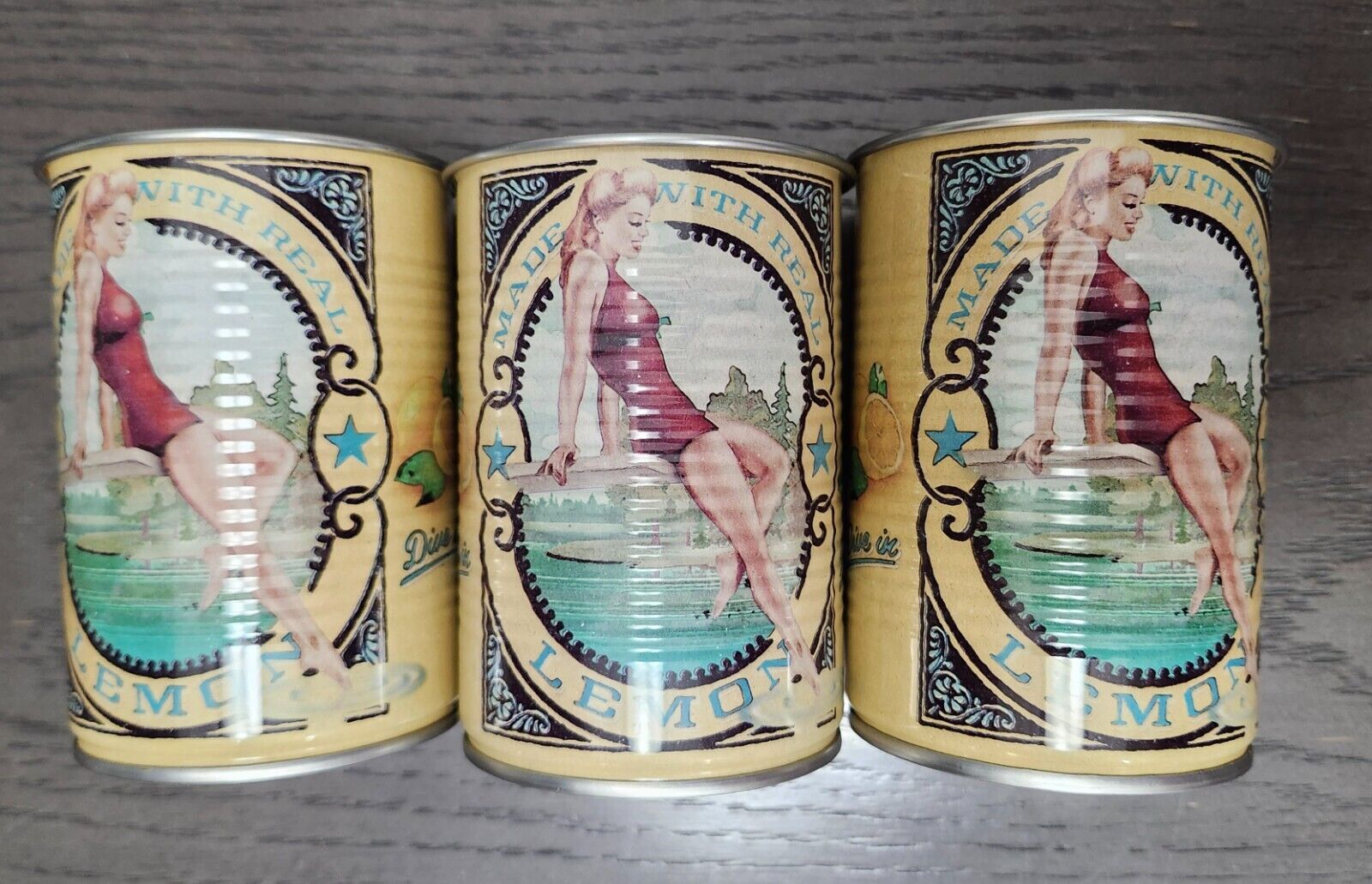 Deep Eddy Vodka Tin Can Cups Red Swimsuit Pinup Lemon Dive Set of 3