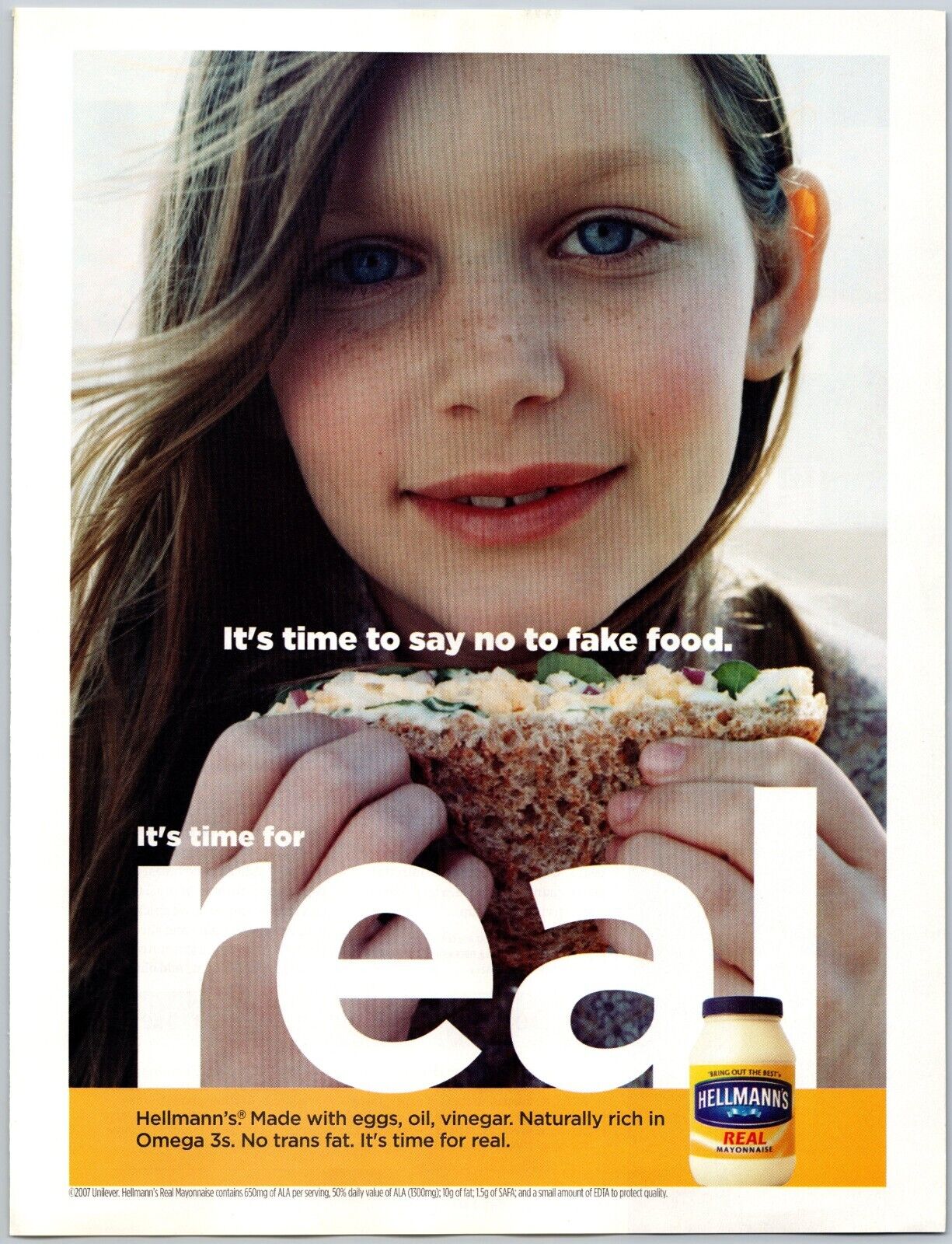 2007 Hellman's Real Mayonnaise No Trans Fat Sandwich Pretty Girl Print Ad
