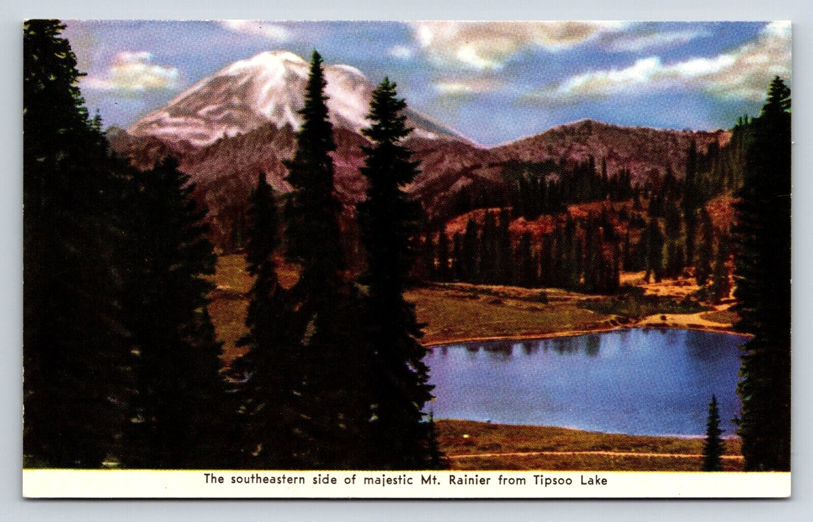 WA Tipsoo Lake View Southeastern side Mount Rainier Free Military Postcard 1940s
