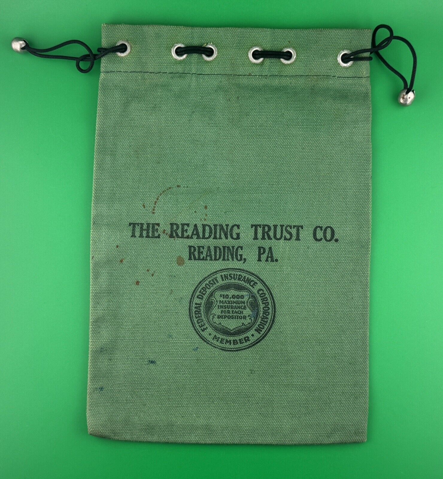 “The Reading Trust Co.” Reading, PA Vintage Cloth Drawstring Bank Bag AS IS
