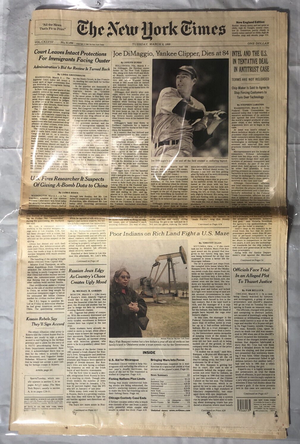 Vintage 3/9/99 The New York Times Newspaper Joe DiMaggio, Yankee Clipper, Dies..