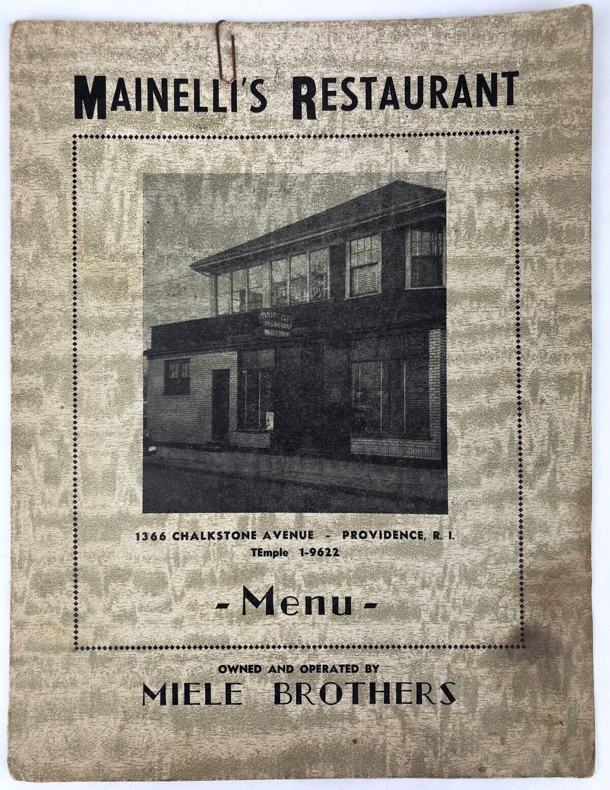 1930’s MAINELLI’S RESTAURANT Menu PROVIDENCE RI Restaurant Impossible BALLANTINE