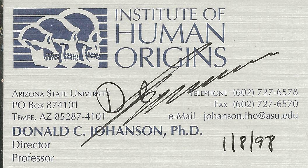 Donald Johanson Signed Arizona St Business Card Paleontologist Discovered Lucy