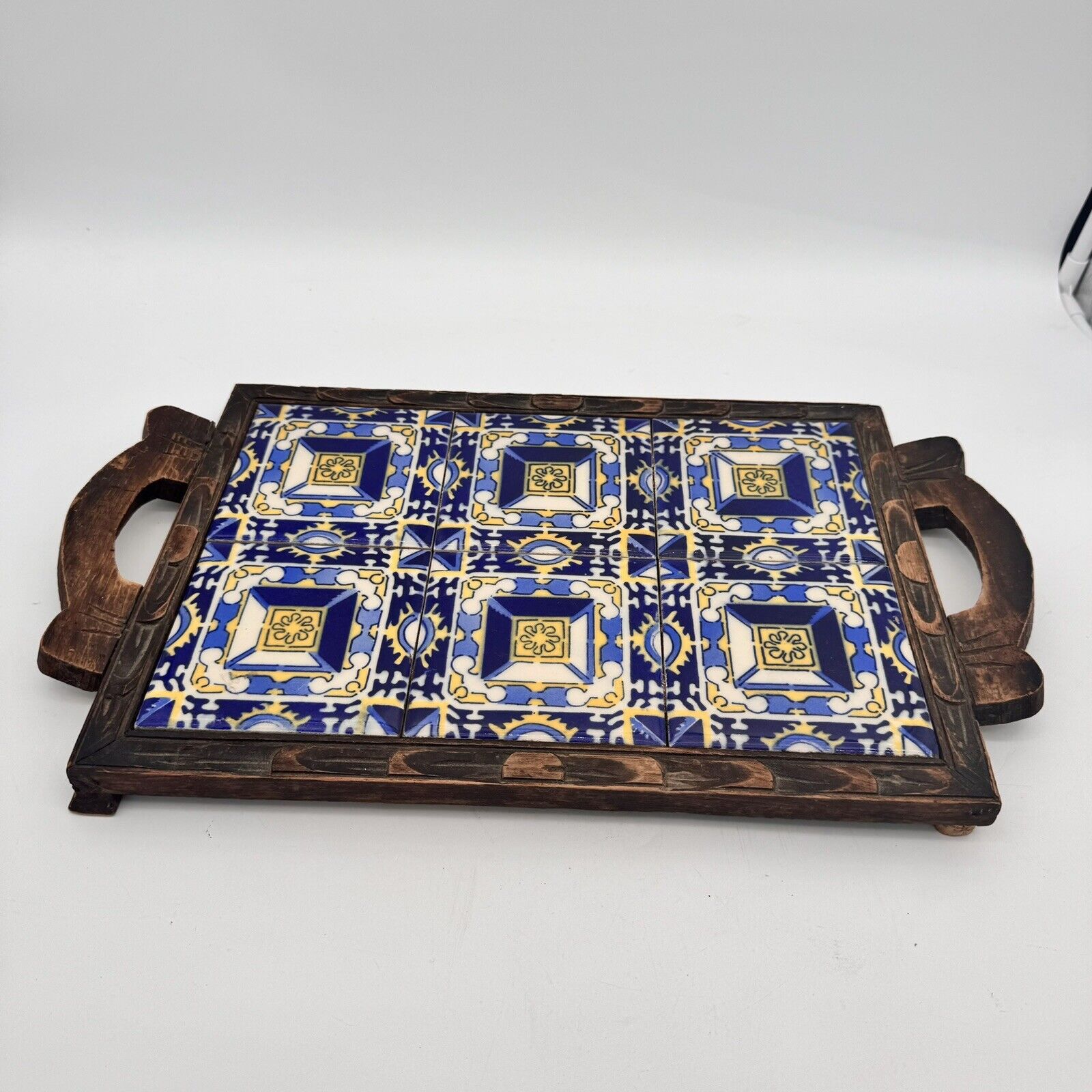 Mexican Art Tile Carved Wood Serving Tray 18 X 10.5” MCM Dal Tile 6 Tiles Signed