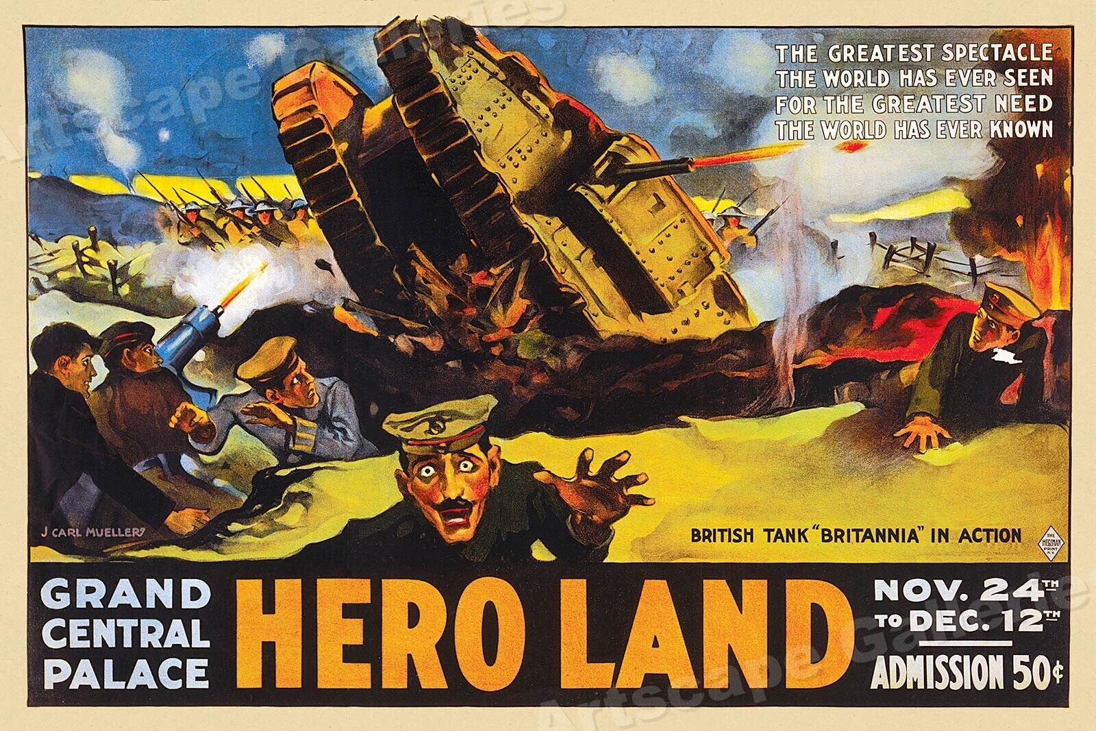 1917 Hero Land British Tank Brittania WWI Poster - 16x24