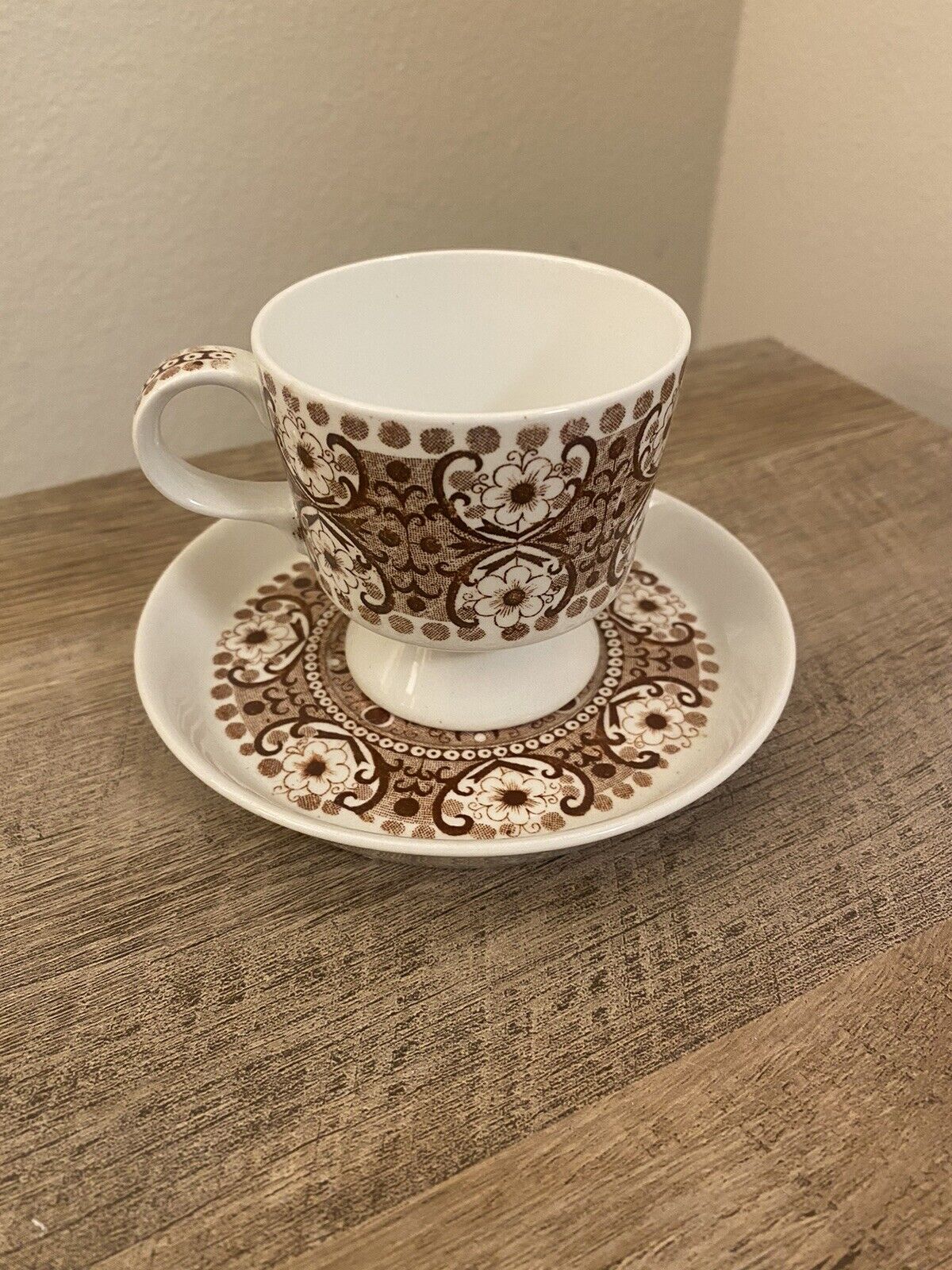 Arabia Finland Tea Cup and Saucer Brown and White Demitasse Vintage Floral